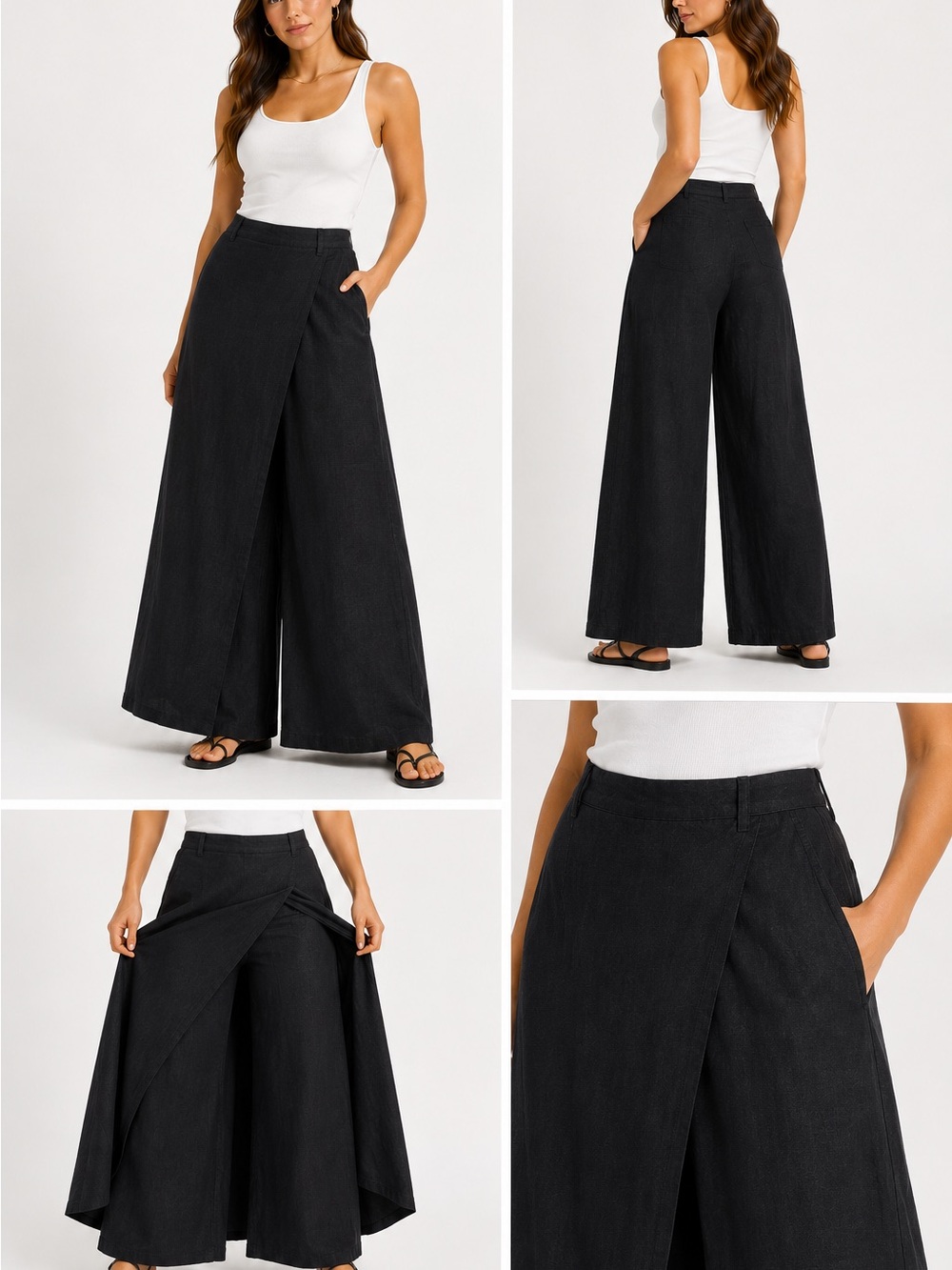 Max Studio 100% Linen Wrap Front Wide Leg Pants Skirt Overlay Black Size 4